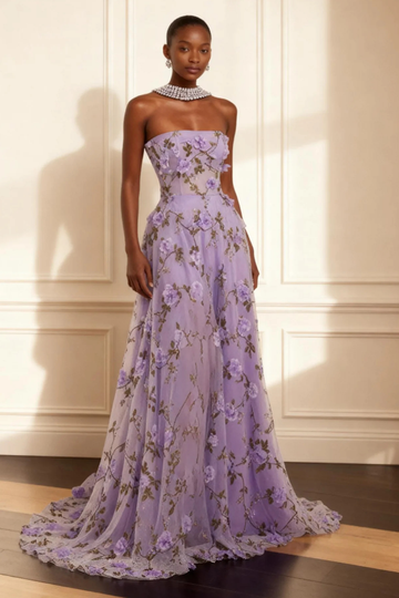 Purple Strapless Appliqued A-Line Long Prom Dress With 3D Flowers
